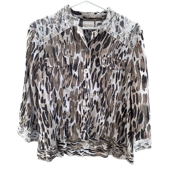 Chico’s Animal Print Lace Cotton Stretch Jacket 3/4 Sleeve Artsy Women’s‎ 2 Sz L - Picture 1 of 6
